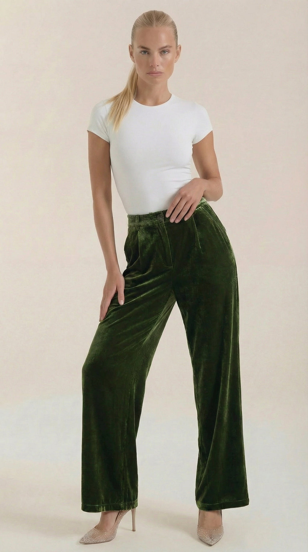 Groene fluwelen wijde broek met hoge taille en rechte pijpen, dames