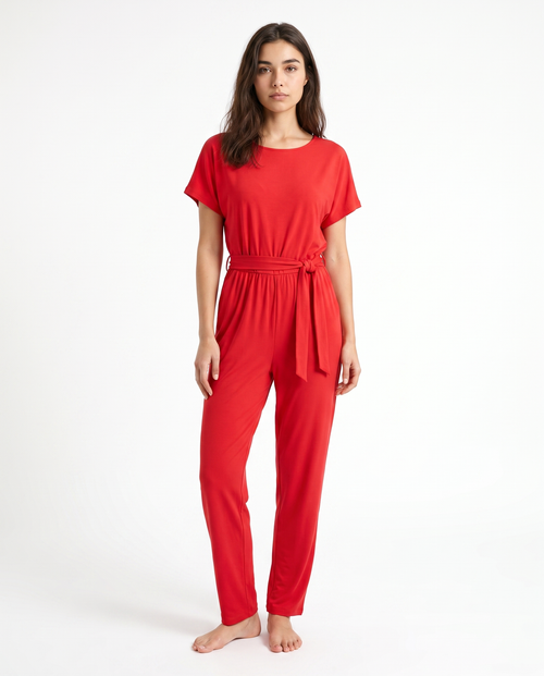 Rode dames jumpsuit met wijde pijpen, korte mouwen en strikceintuur