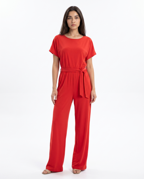 Rode dames jumpsuit met wijde pijpen, korte mouwen en strikceintuur