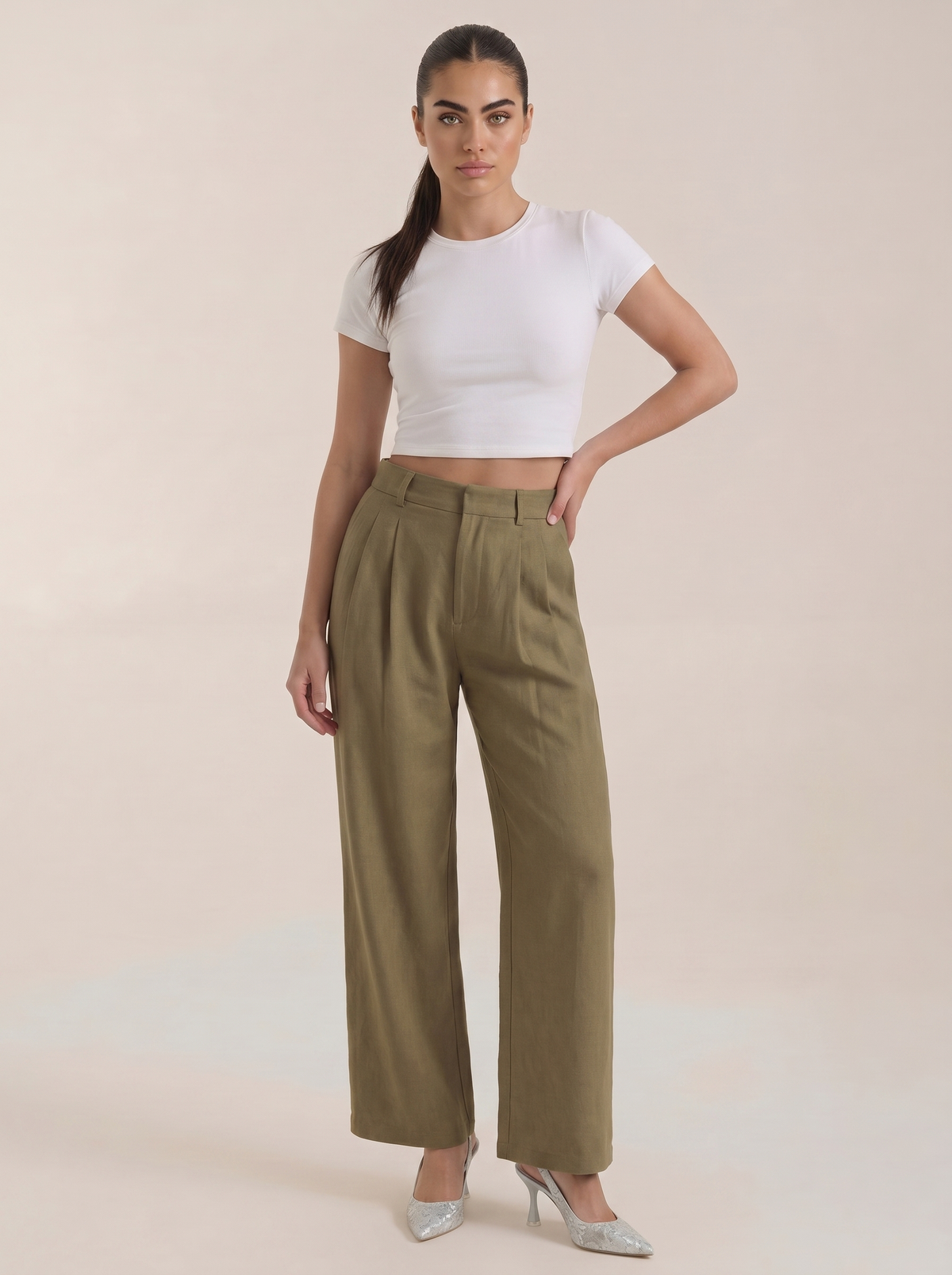 Wijde pantalon met hoge taille en plooien, donkergroene kleur, rechte pijpen