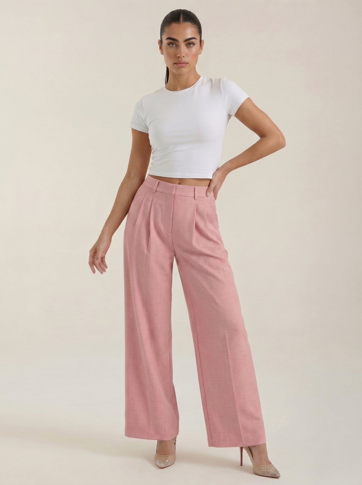 Wijde pantalon met hoge taille en plooien, roze kleur, rechte wijde pijpen